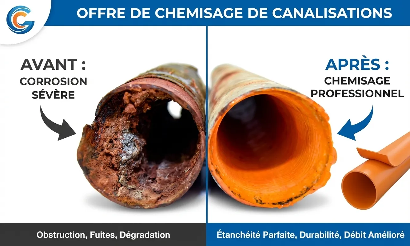Avant et après chemisage de canalisation à Leucate - résultat de la réparation par résine époxy